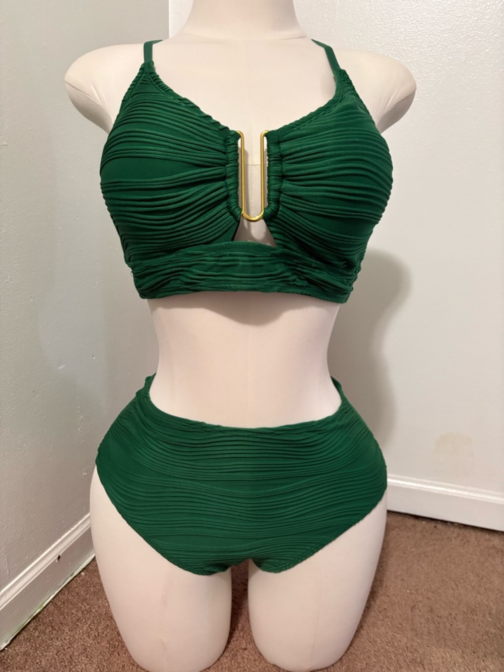 Ruched Emerald High-Waist Bikini Set with Gold U Accent NWOT